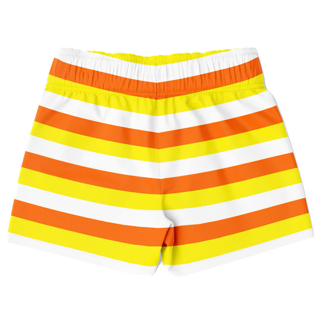 Boys candy corn stripes quick drying swim trunks in bright orange and yellow with white elastic waistband
