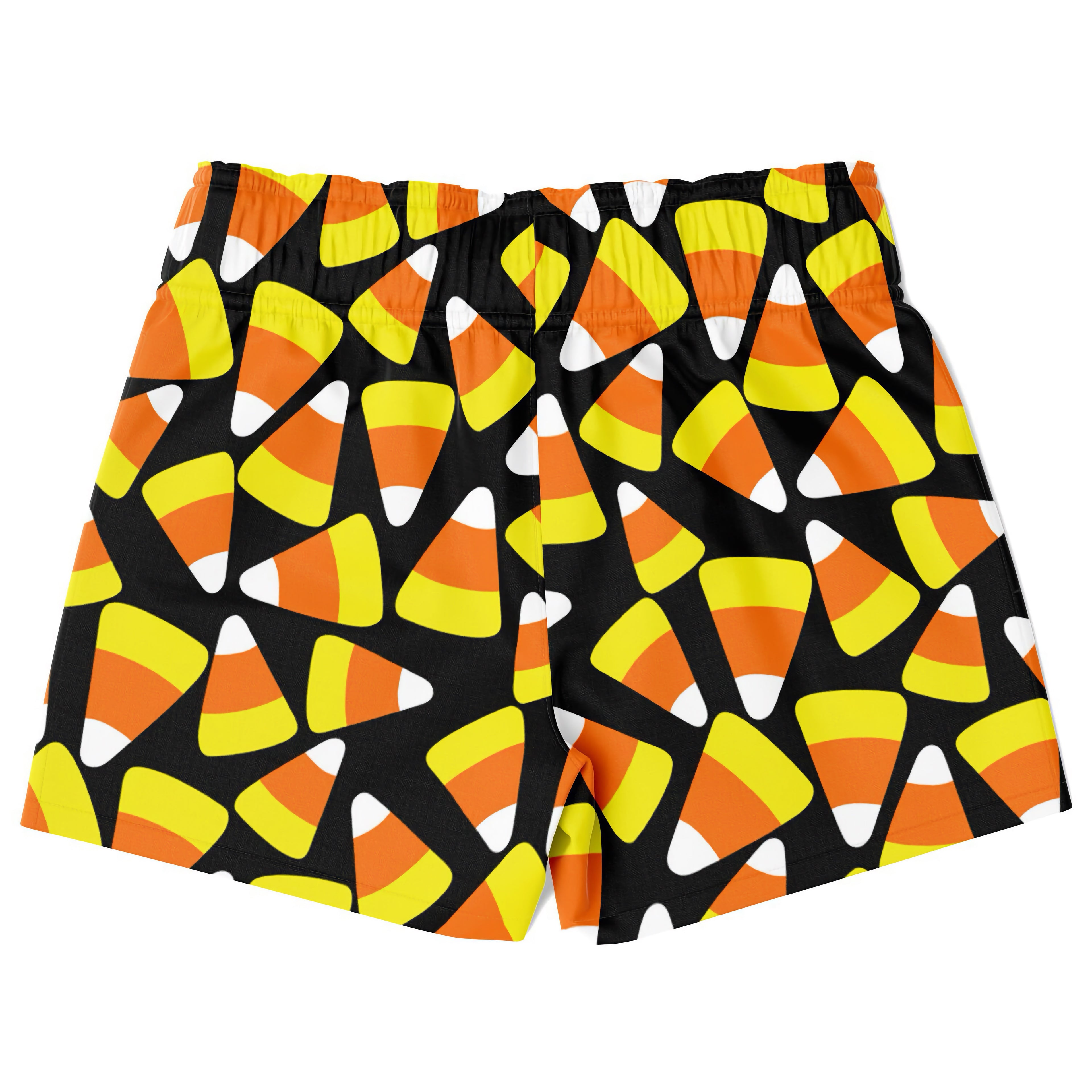 Boys candy corn quick drying swim trunks in black with vibrant orange yellow and white candy corn pattern