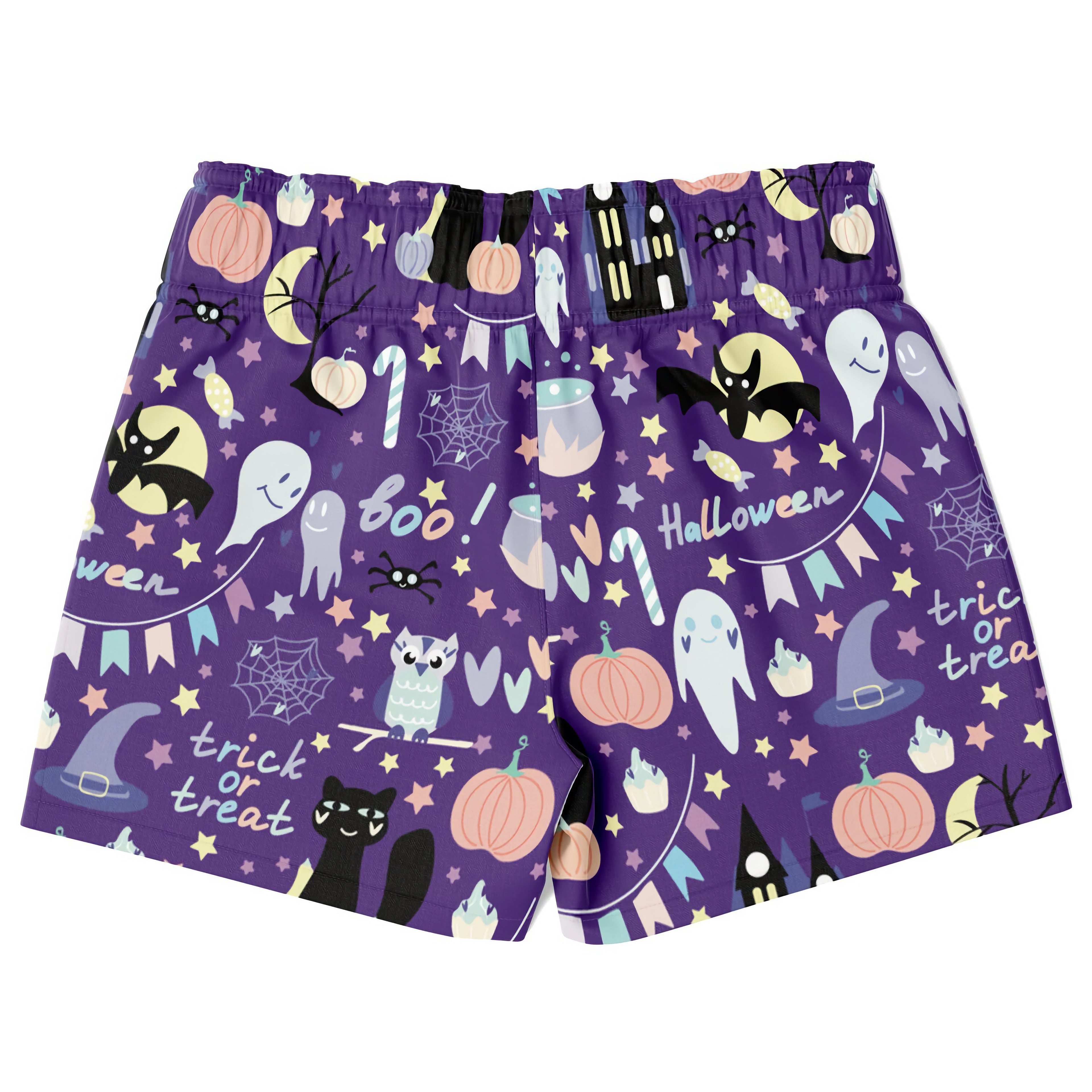 Purple boys spooky halloween quick drying swim trunks with playful ghosts bats pumpkins and boo trick or treat design