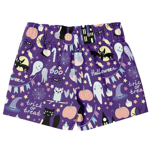 Purple boys spooky halloween quick drying swim trunks with playful ghosts bats pumpkins and boo trick or treat design