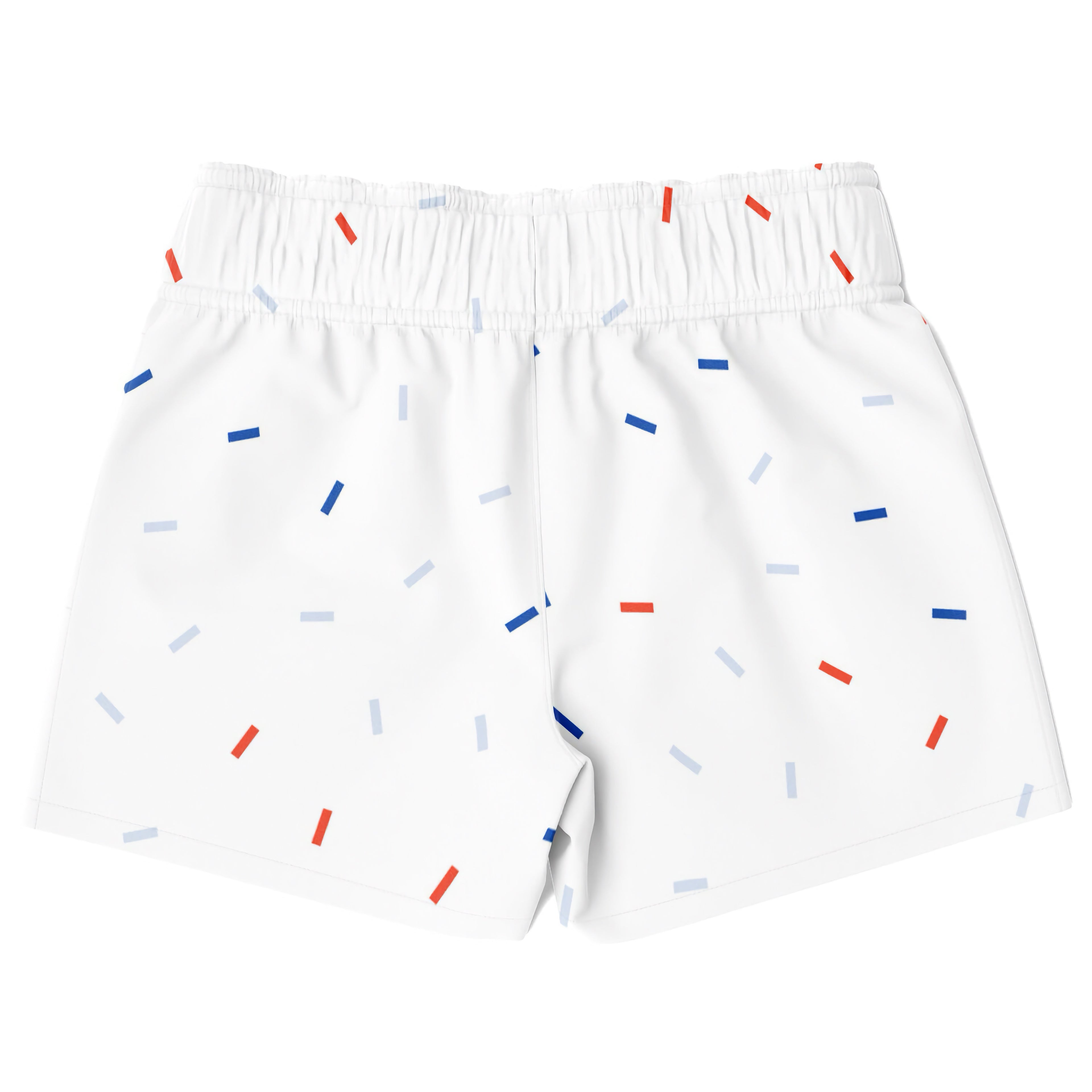 Boys red white and blue confetti quick drying swim trunks with white shorts and playful red blue and gray stripe pattern