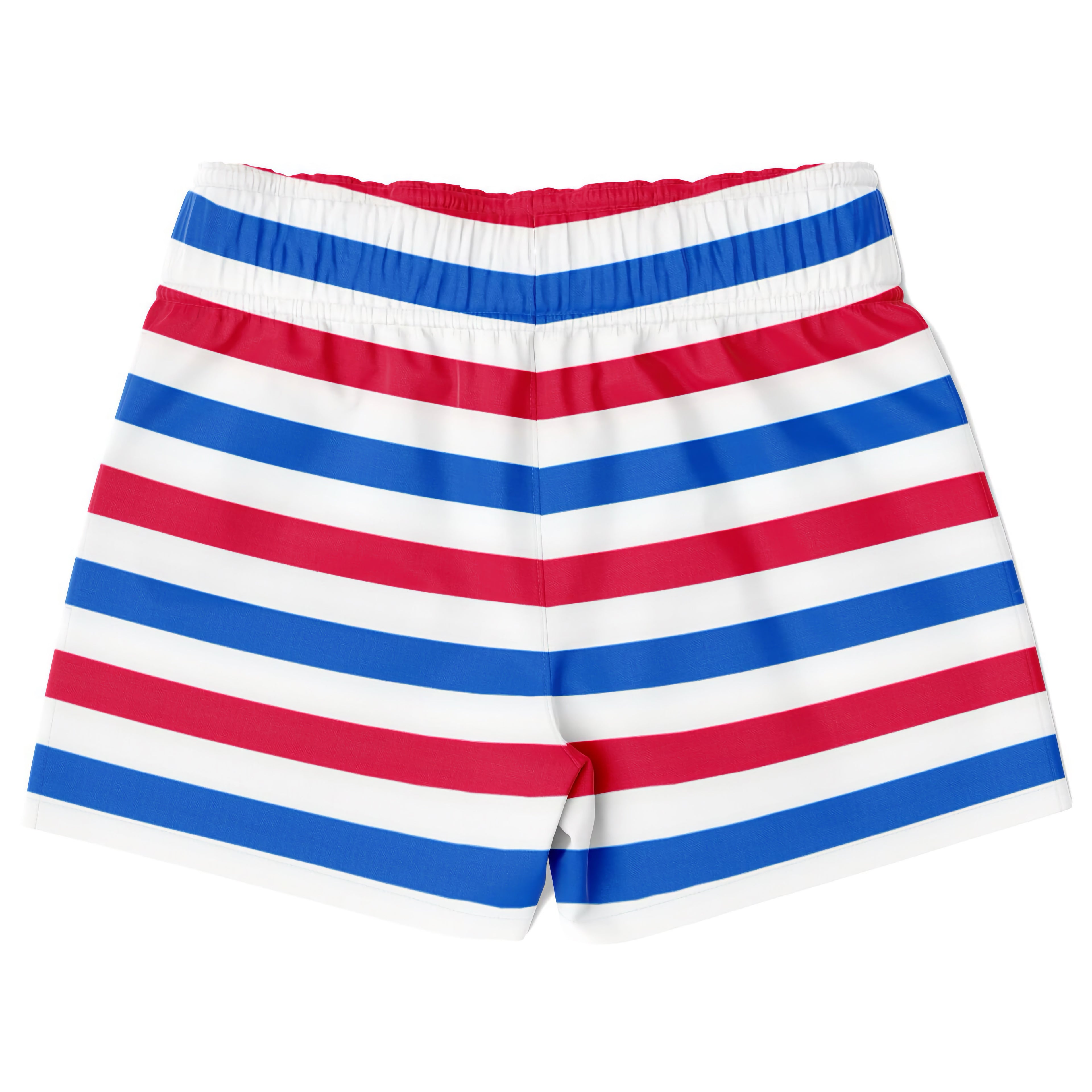 Boys red white and blue striped quick drying swim trunks with elastic waistband for comfortable water activities