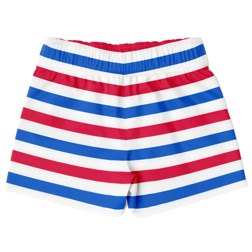 Boys red white and blue striped quick drying swim trunks with elastic waistband for comfortable water activities