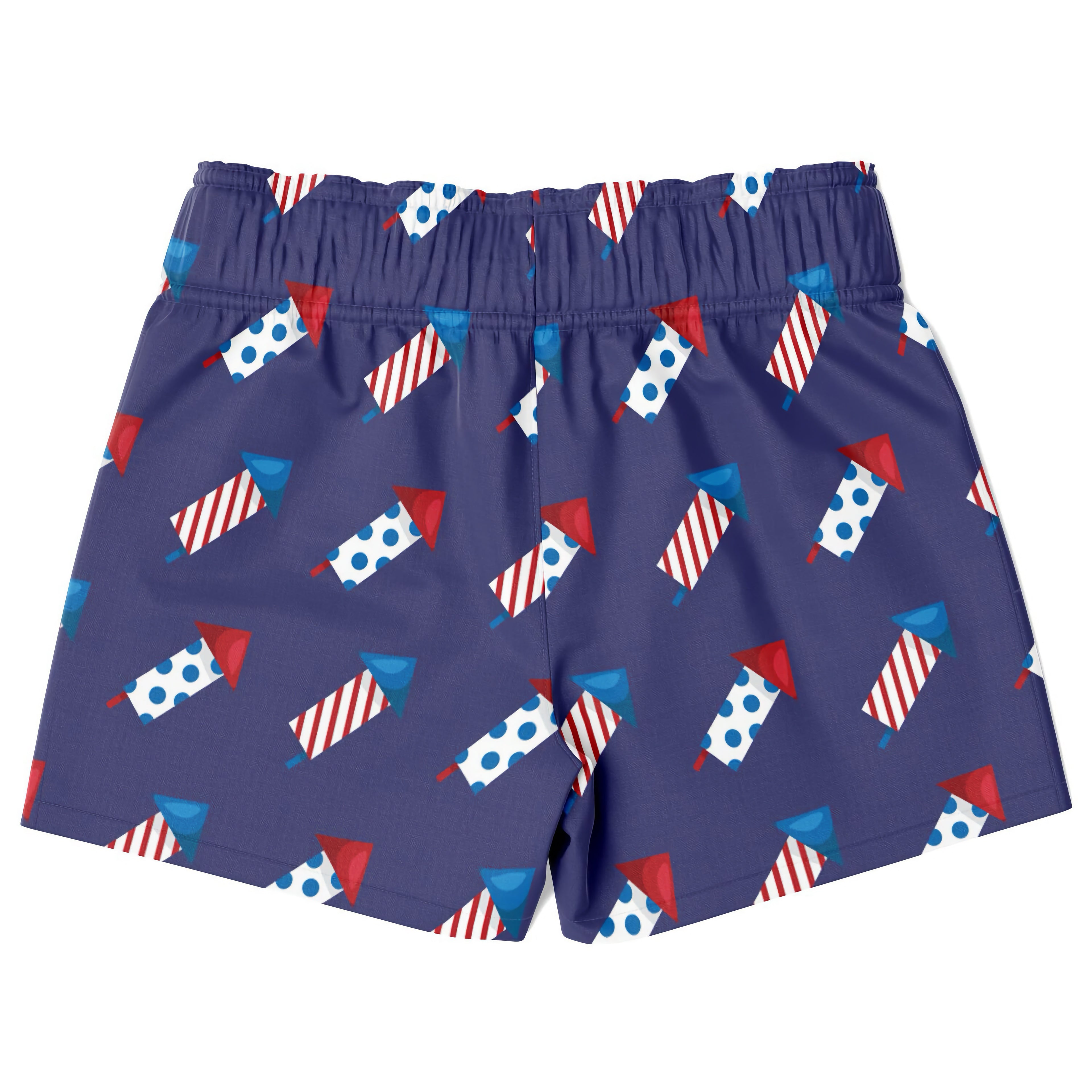 Navy blue boys firework rocket quick drying swim trunks with red white and blue fireworks pattern