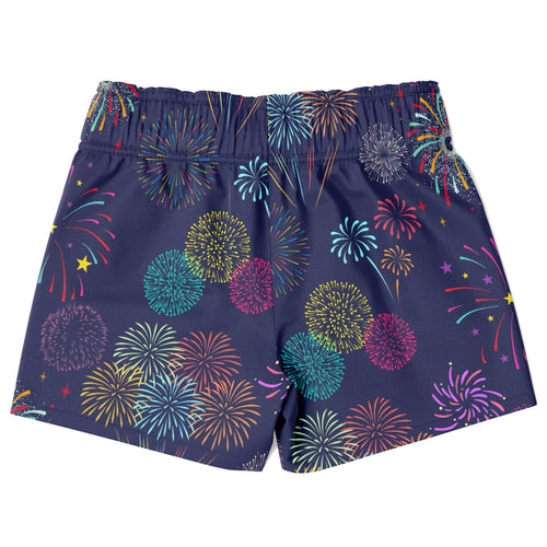 Boys fireworks quick drying swim trunks in navy blue with vibrant multicolored fireworks star and sparkle pattern