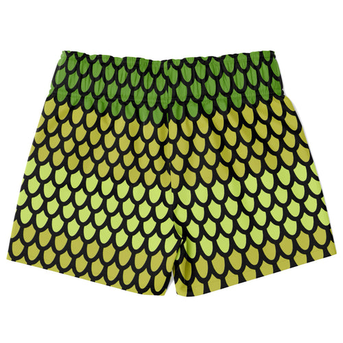 Boys snake scales quick drying swim trunks in green and yellow with black outlines and scale pattern design