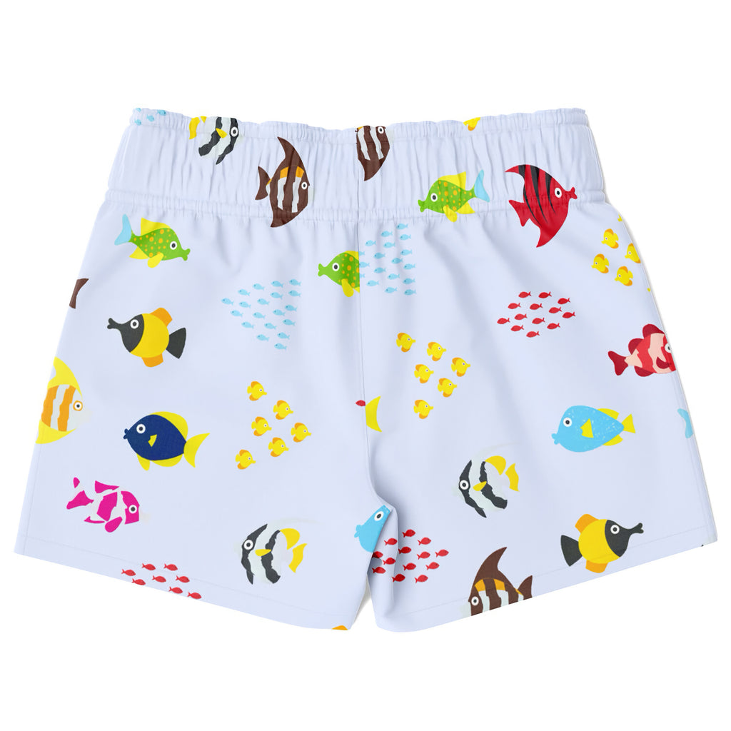 Boys tropical fish quick drying swim trunks in white with colorful cartoon fish pattern for pool and beach use