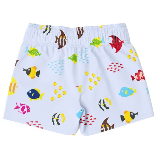 Boys tropical fish quick drying swim trunks in white with colorful cartoon fish pattern for pool and beach use