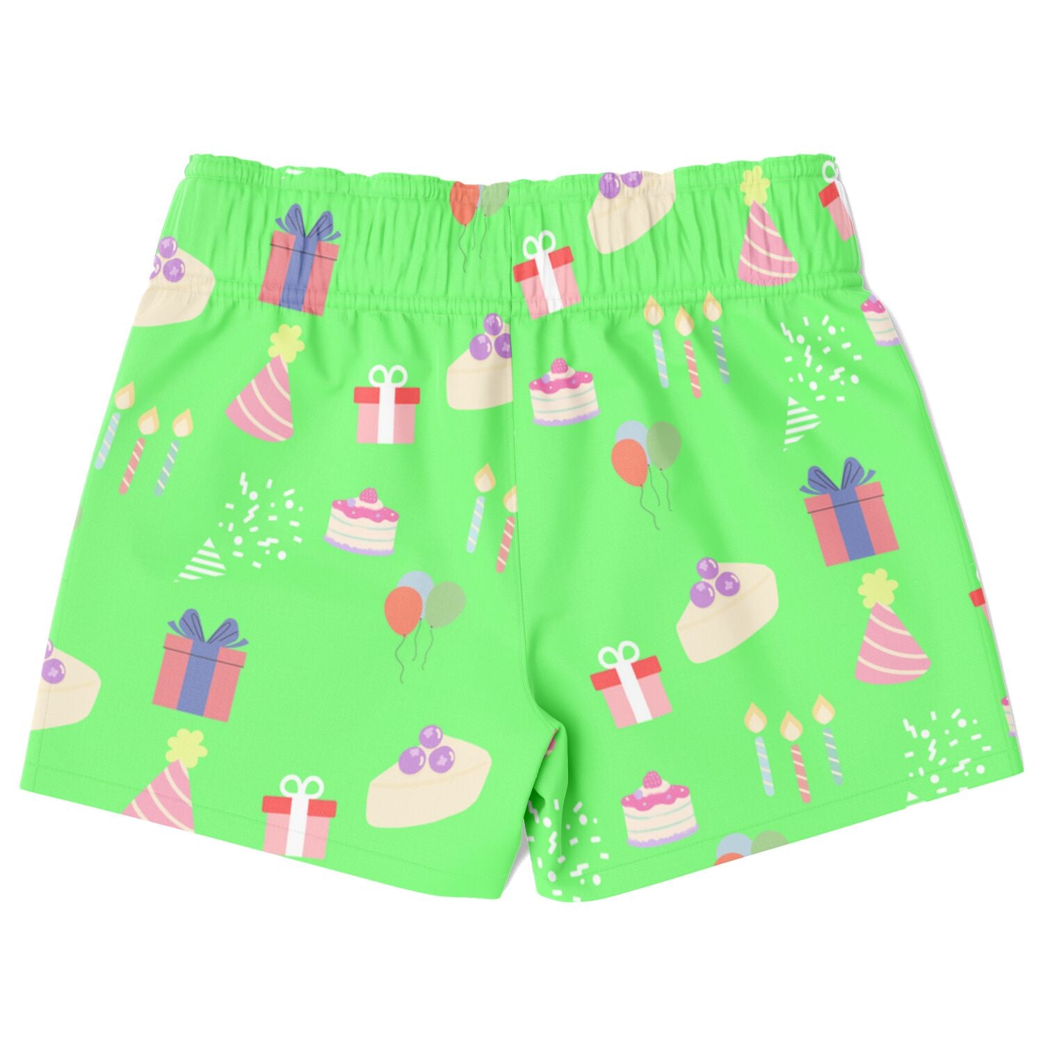 Green shorts with birthday cake and gift pattern on a white background