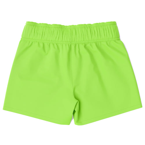 Boys lime green quick drying swim trunks featuring bright neon elastic waist and smooth fabric for comfort
