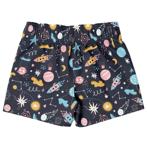 Boys outer space quick drying swim trunks in dark navy with colorful rockets planets stars and moons pattern