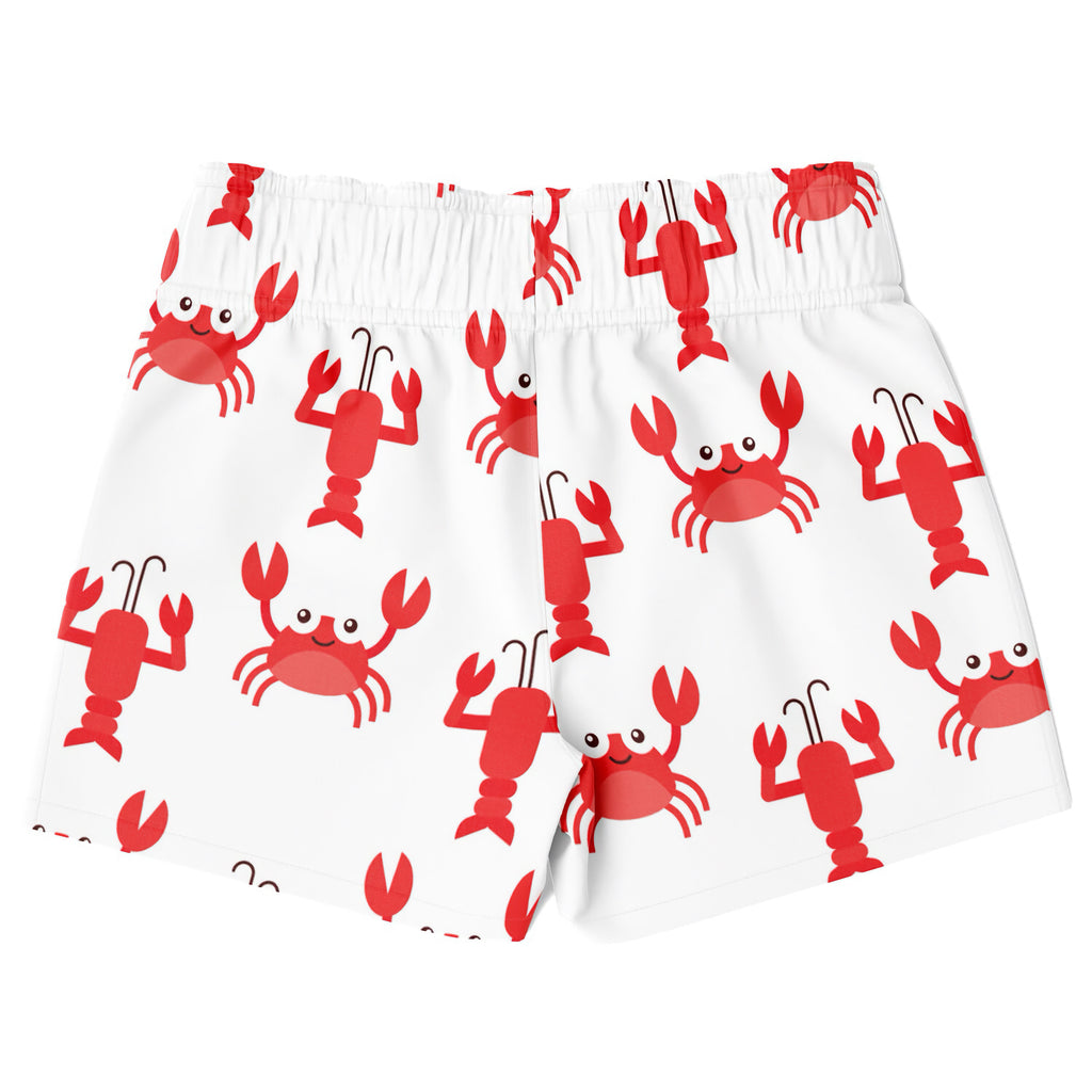 Boys white quick drying swim trunks with a playful red crabs and lobsters pattern outlined in black