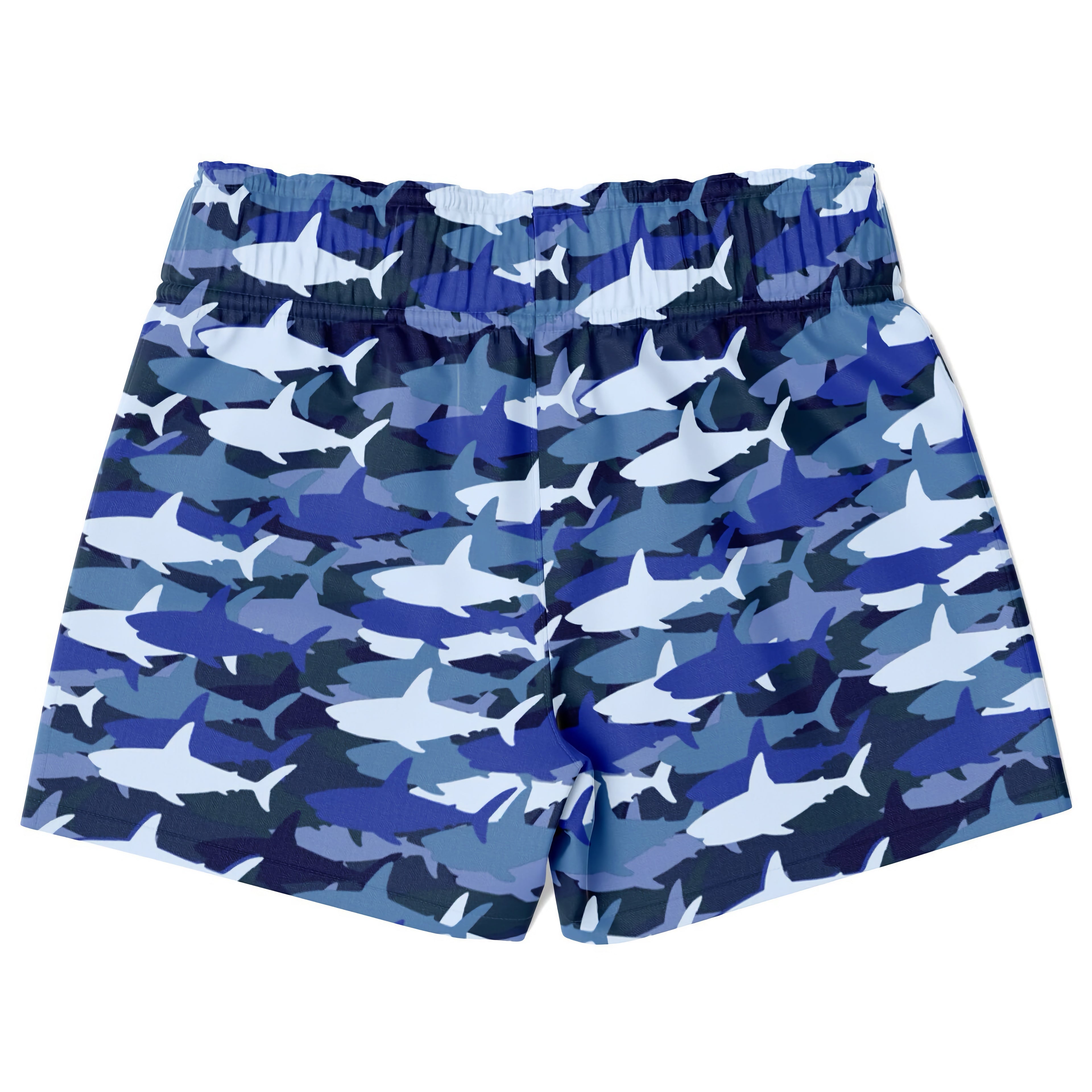 Boys blue quick drying swim trunks with white shark pattern and elastic waistband for water activities