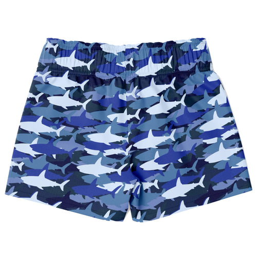 Boys blue quick drying swim trunks with white shark pattern and elastic waistband for water activities