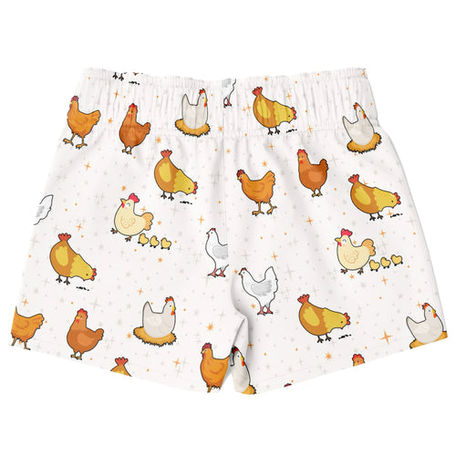 Boys chicken pattern quick drying swim trunks in white with colorful cartoon chickens all over the fabric