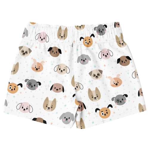 Boys dog face quick drying swim trunks in white with colorful cartoon dog faces pattern for playful style