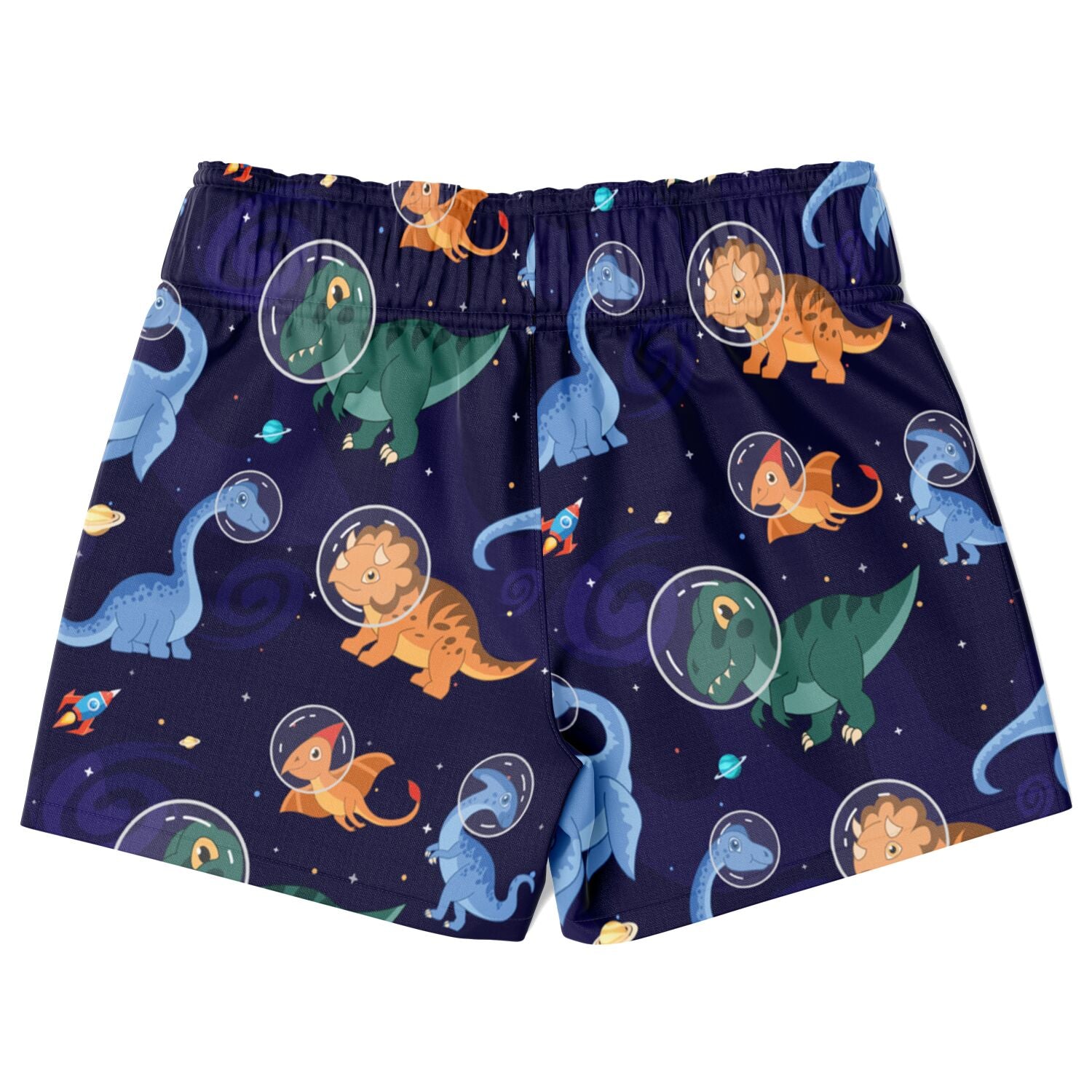 Boys space dinosaur quick drying swim trunks in navy blue with playful orange green and blue astronaut dinosaur print