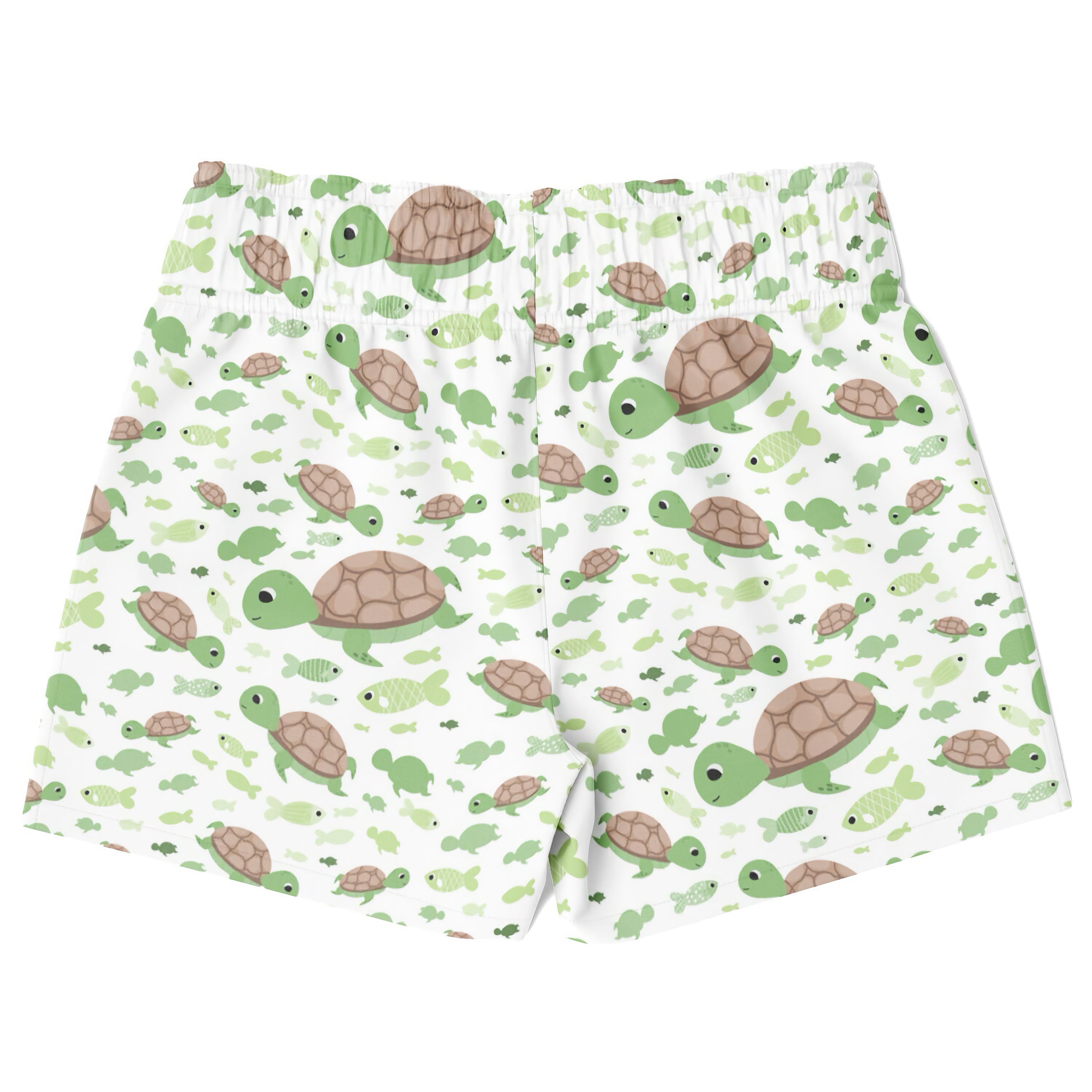 White boys sea turtles quick drying swim trunks with playful green turtle and fish pattern in various sizes