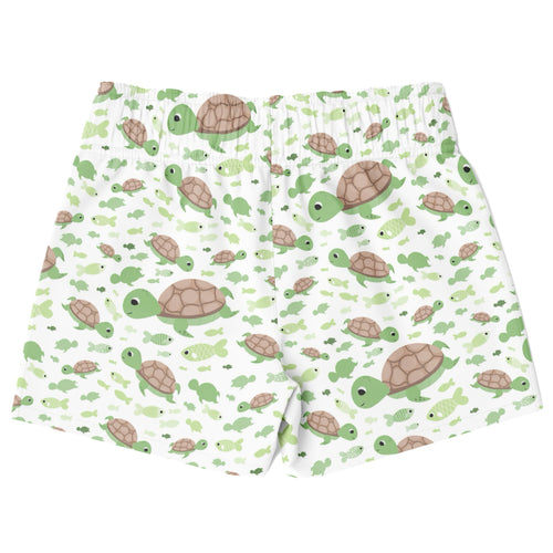 White boys sea turtles quick drying swim trunks with playful green turtle and fish pattern in various sizes