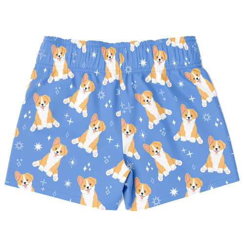 Boys blue quick drying swim trunks with playful cartoon corgis and sparkling star patterns