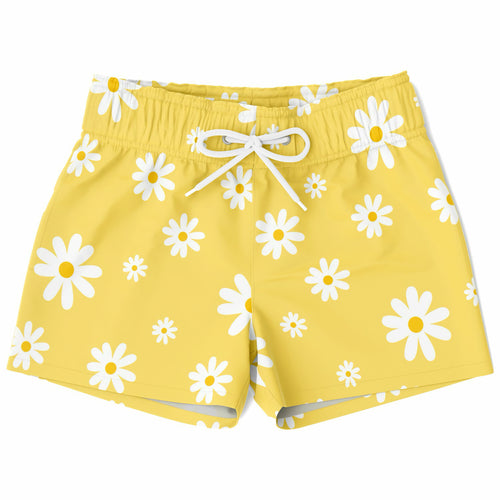 Boys yellow quick drying swim trunks with white daisy pattern and matching drawstring waistband