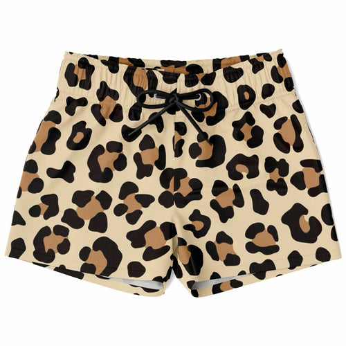 Boys leopard print quick drying swim trunks in beige and black with elastic waistband and drawstring closure