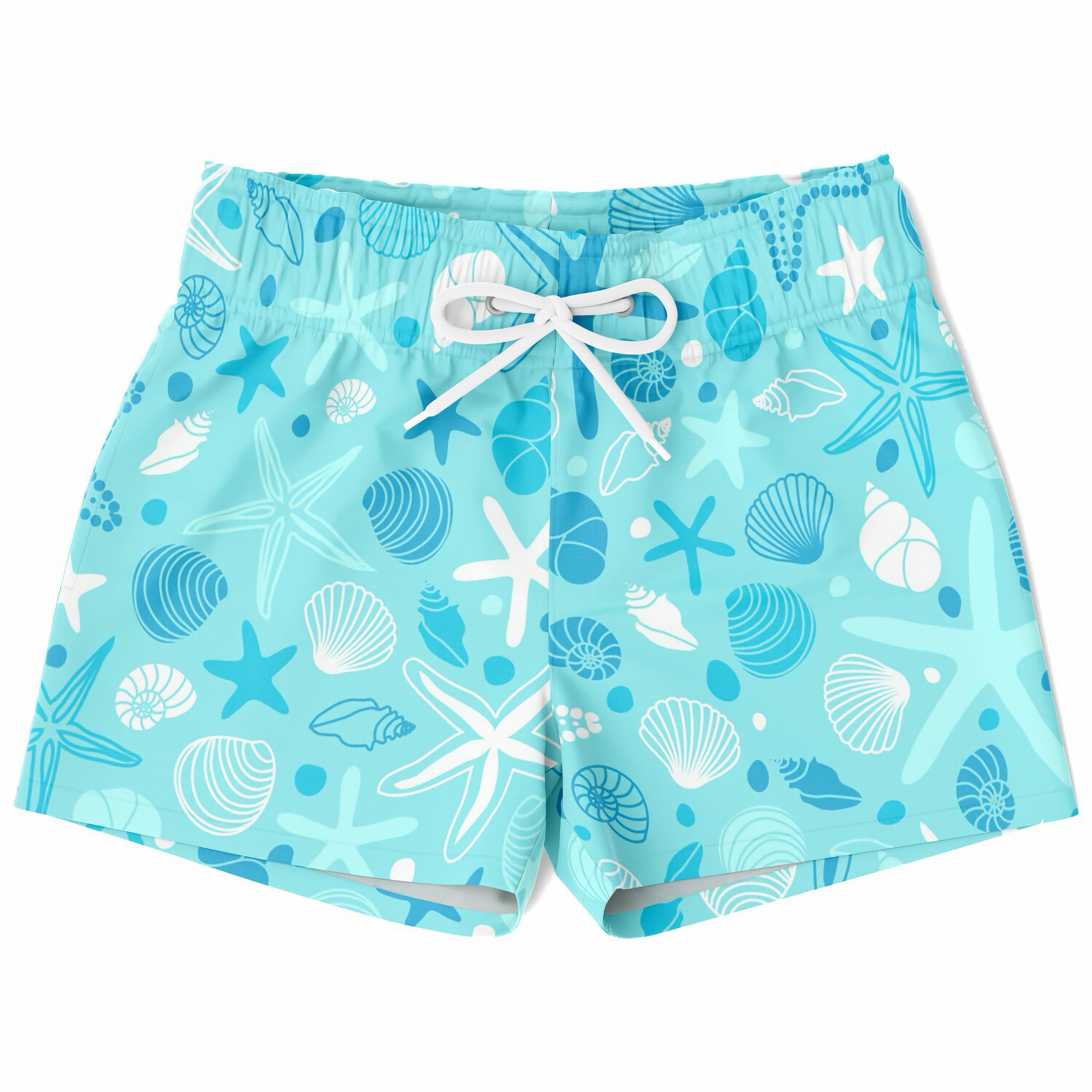 Boys light blue quick drying swim trunks with white and dark blue seashell and starfish pattern and white drawstring waistband
