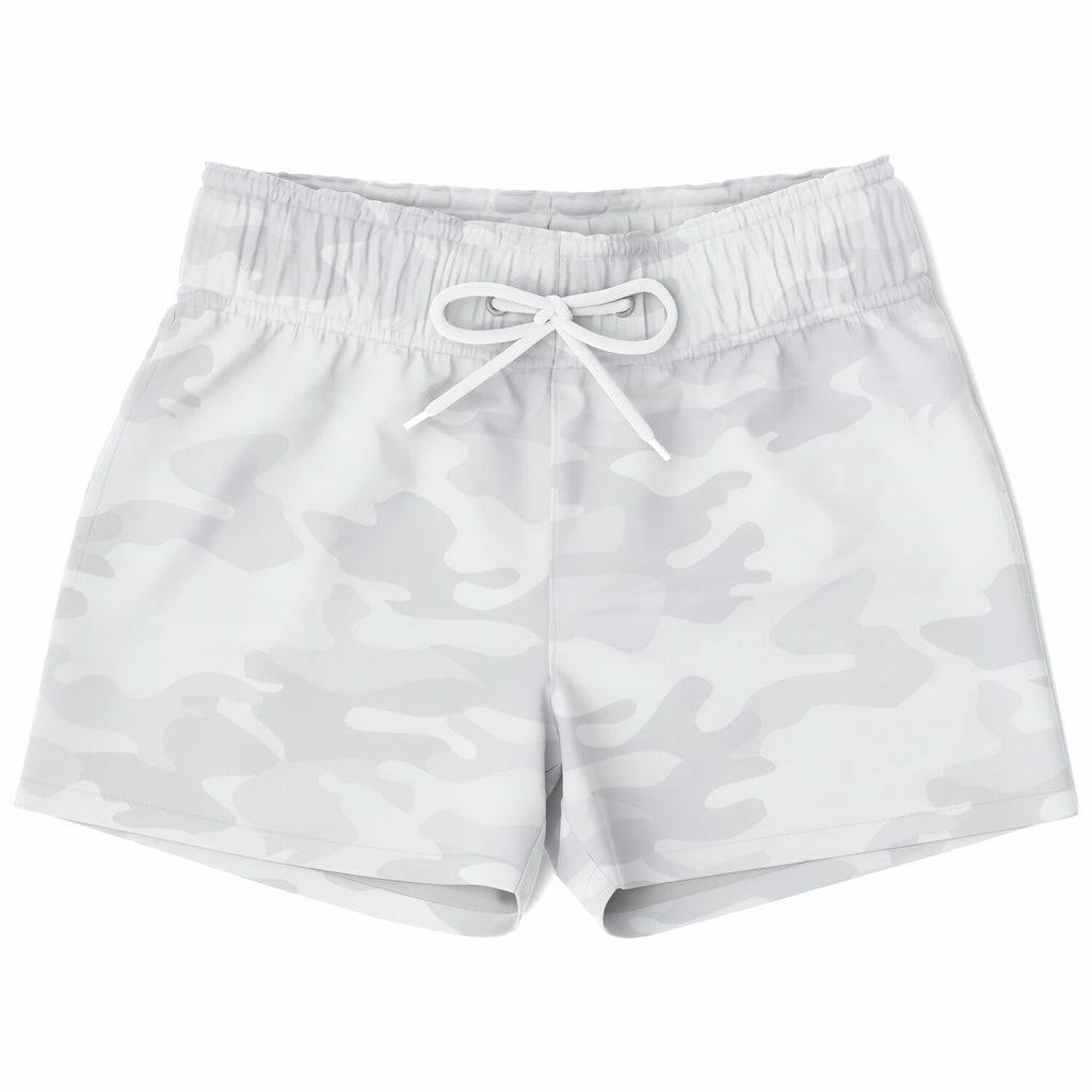 Boys white camouflage quick drying swim trunks with matching drawstring waistband made of lightweight fabric
