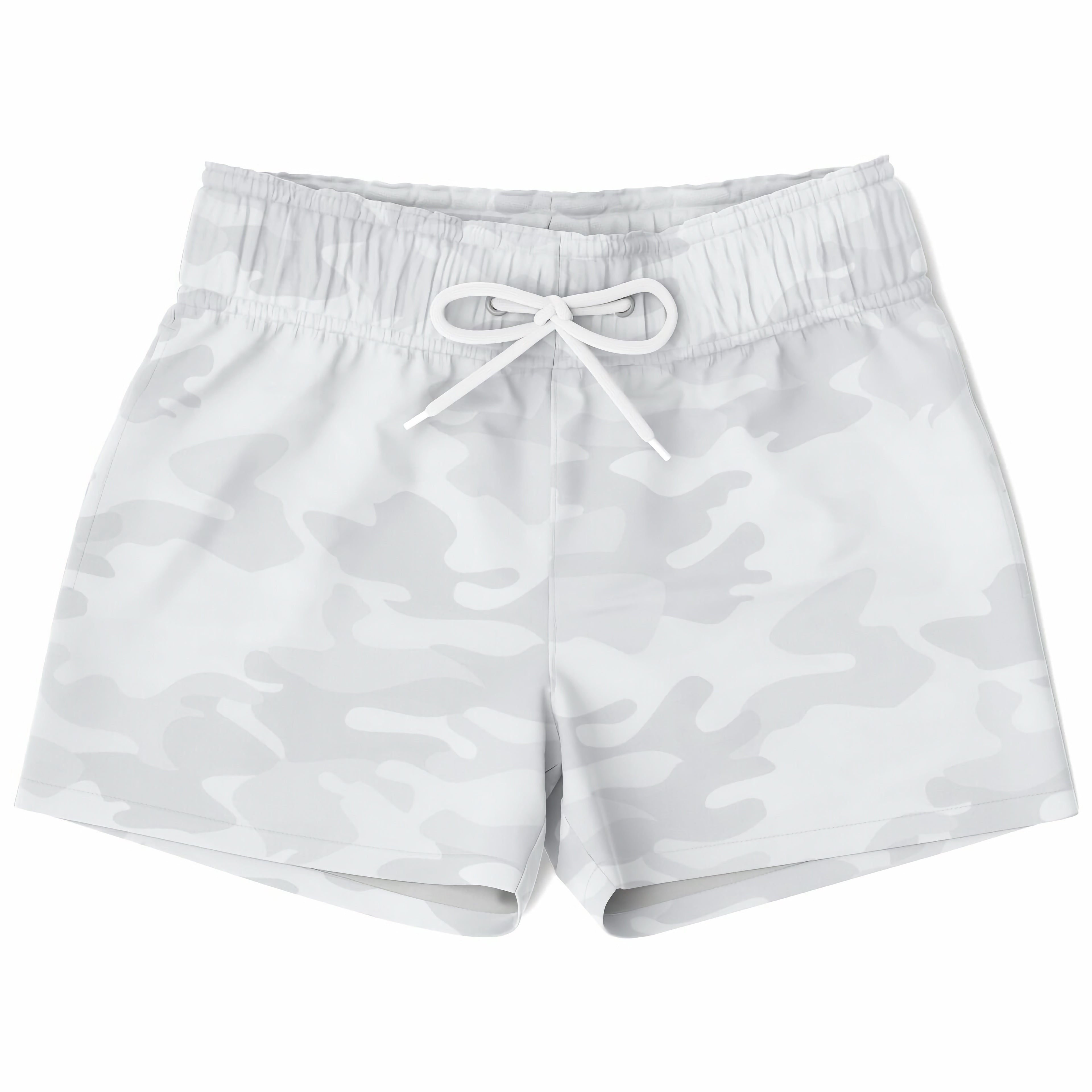 Boys white camouflage quick drying swim trunks with matching drawstring waistband made of lightweight fabric