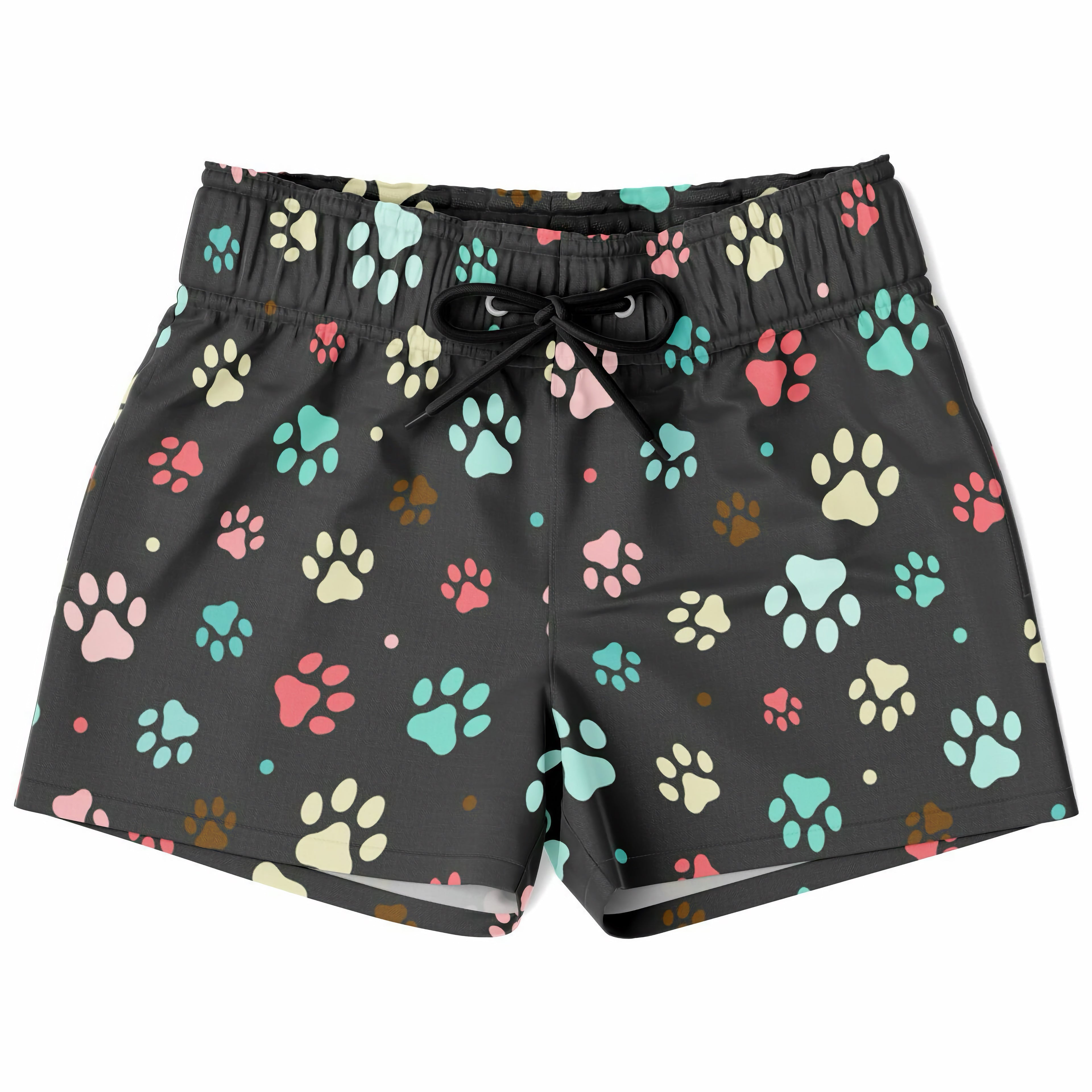 Black boys quick drying swim trunks with colorful pink teal cream and brown paw print pattern