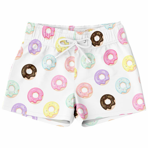 Boys donut quick drying swim trunks with white fabric and colorful pink purple yellow chocolate donut pattern