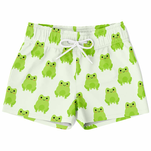 Boys green frog quick drying swim trunks in white with bright green cartoon frog pattern and white waist drawstrings