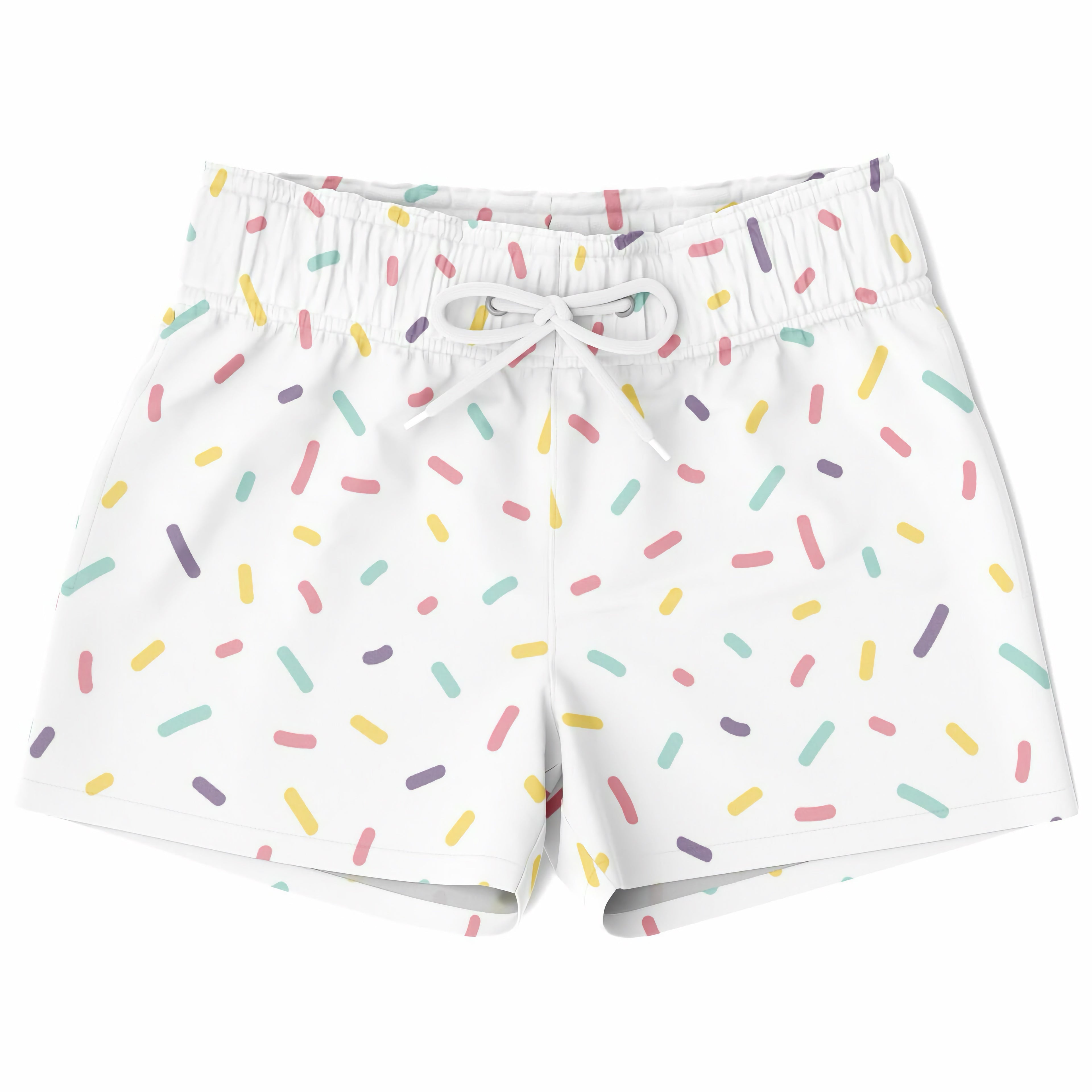 Boys colorful sprinkles quick drying swim trunks in white with a pastel pink yellow green and purple sprinkle pattern