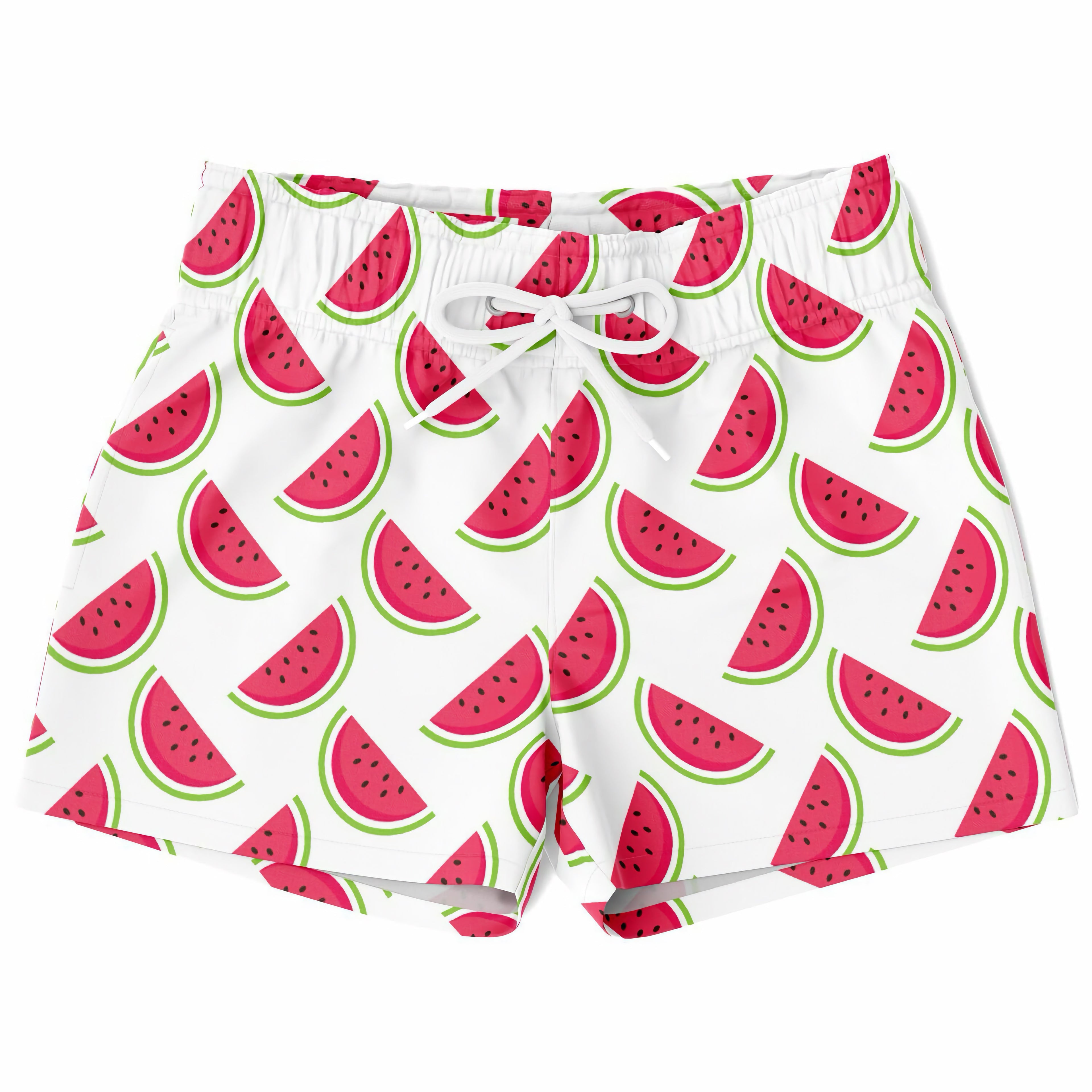 Boys watermelon quick drying swim trunks in white with a playful red watermelon slice pattern