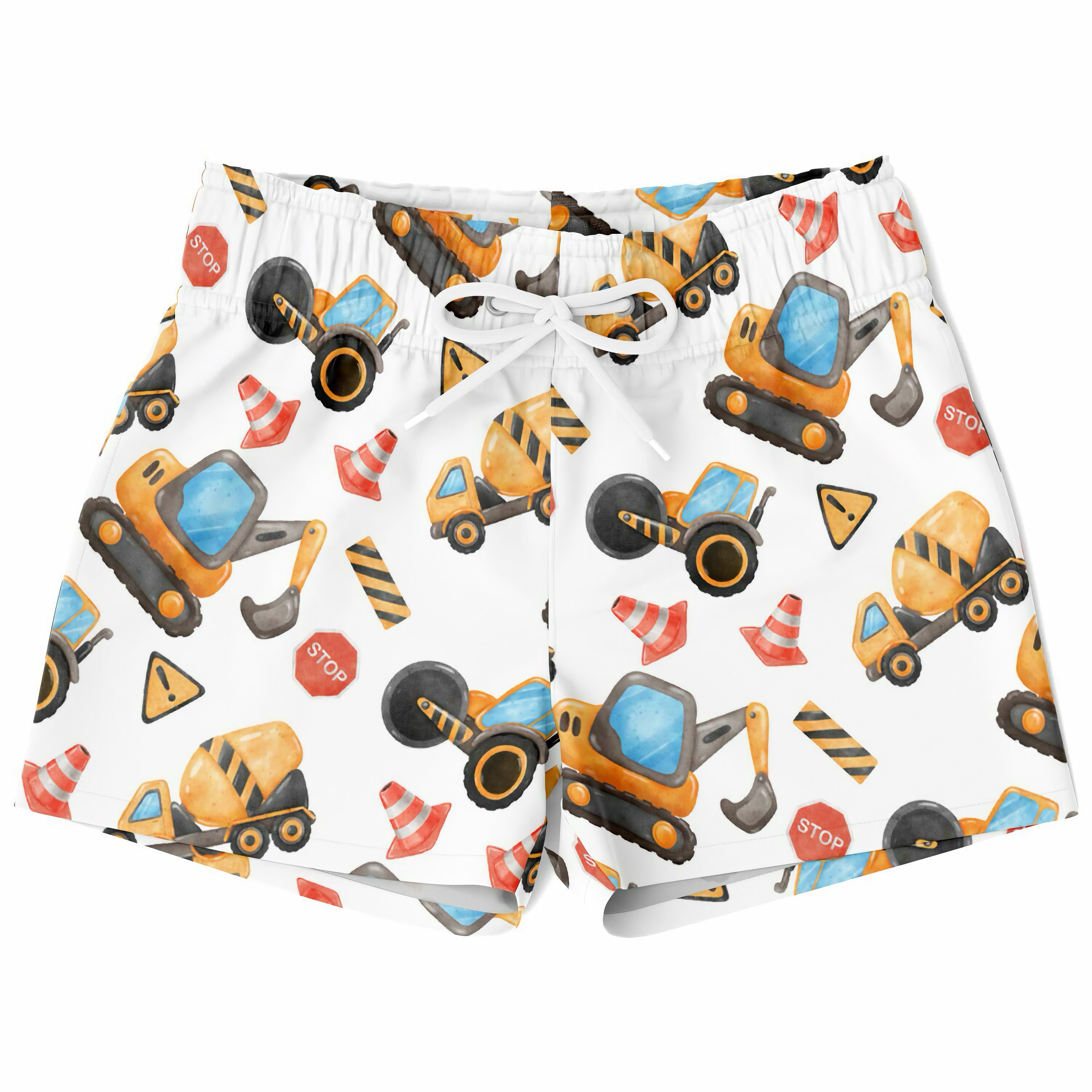 Boys construction quick drying swim trunks in white with yellow construction vehicles and orange traffic cones pattern