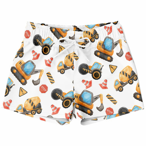 Boys construction quick drying swim trunks in white with yellow construction vehicles and orange traffic cones pattern