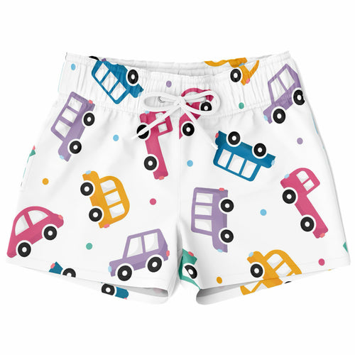 White boys quick drying swim trunks with colorful cartoon car pattern in pink blue purple and yellow