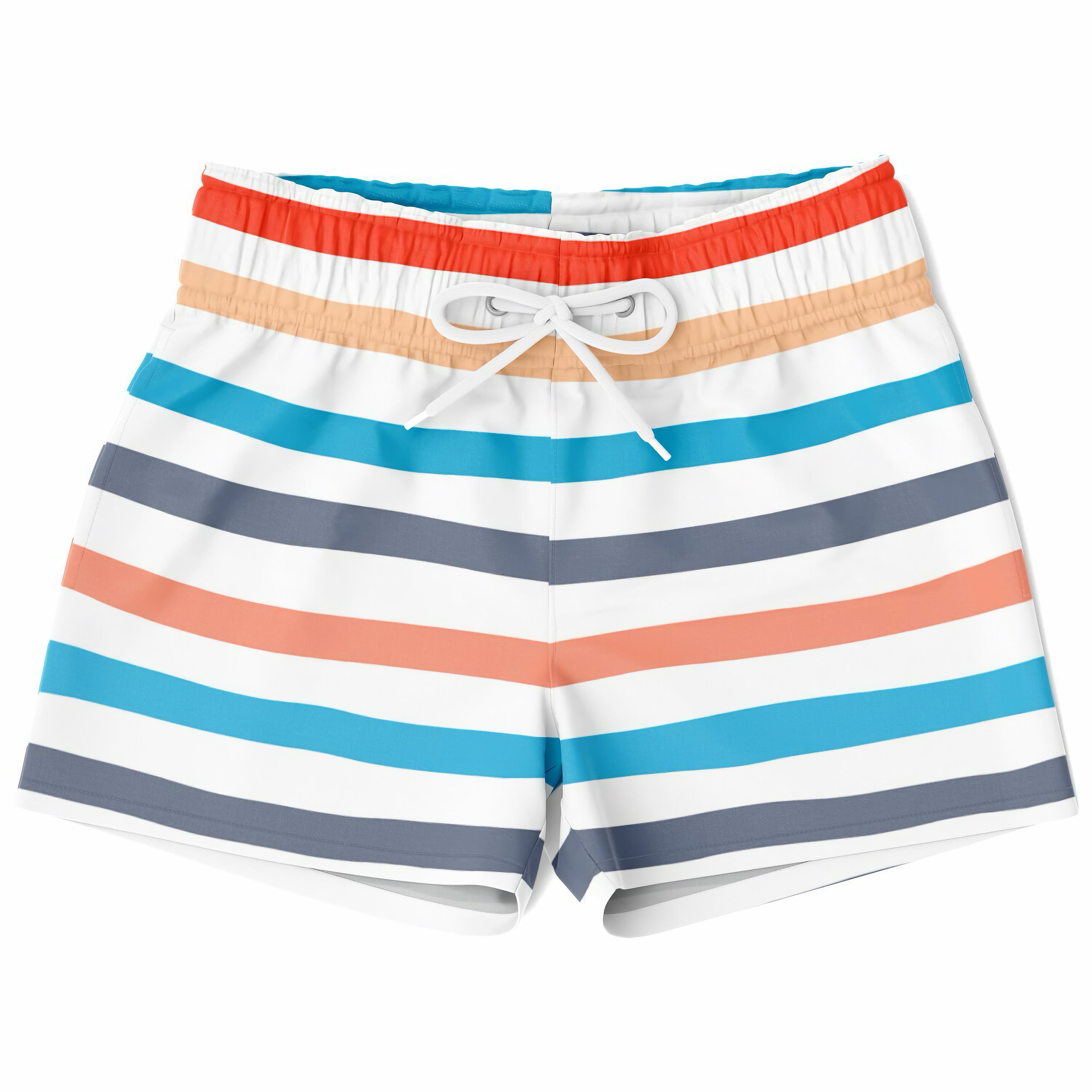 Boys retro stripe quick drying swim trunks with bright white coral teal blue and gray bands and red orange waistband