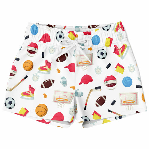 White boys sports-themed quick drying swim trunks with colorful cartoon soccer balls basketballs footballs and hockey sticks pattern