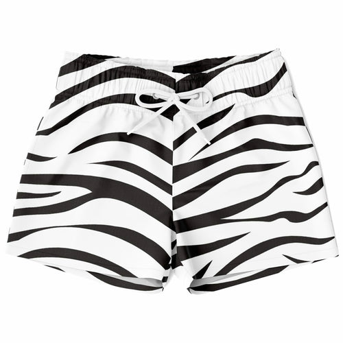 Boys zebra print quick drying swim trunks with black and white zebra stripes and a drawstring waistband