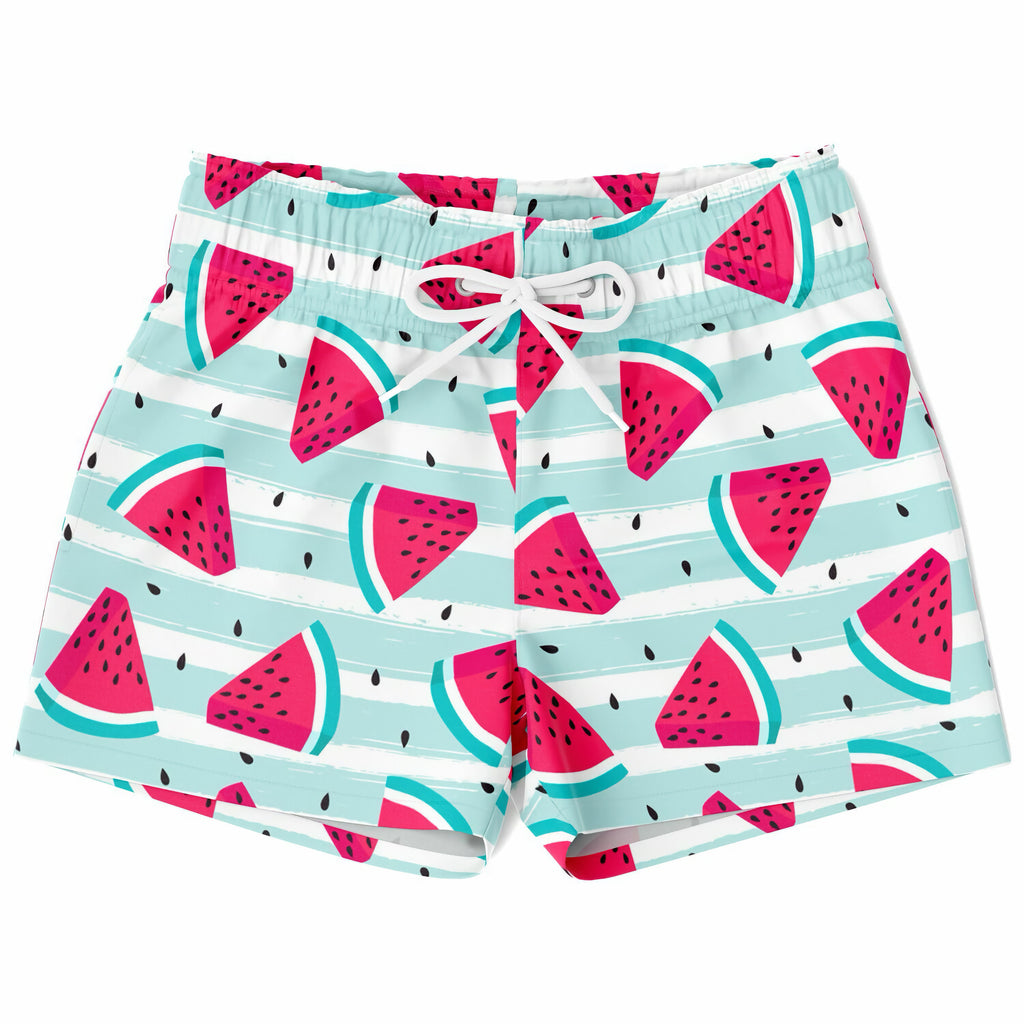 Boys striped watermelon quick drying swim trunks with light blue and white stripes and vibrant pink watermelon print