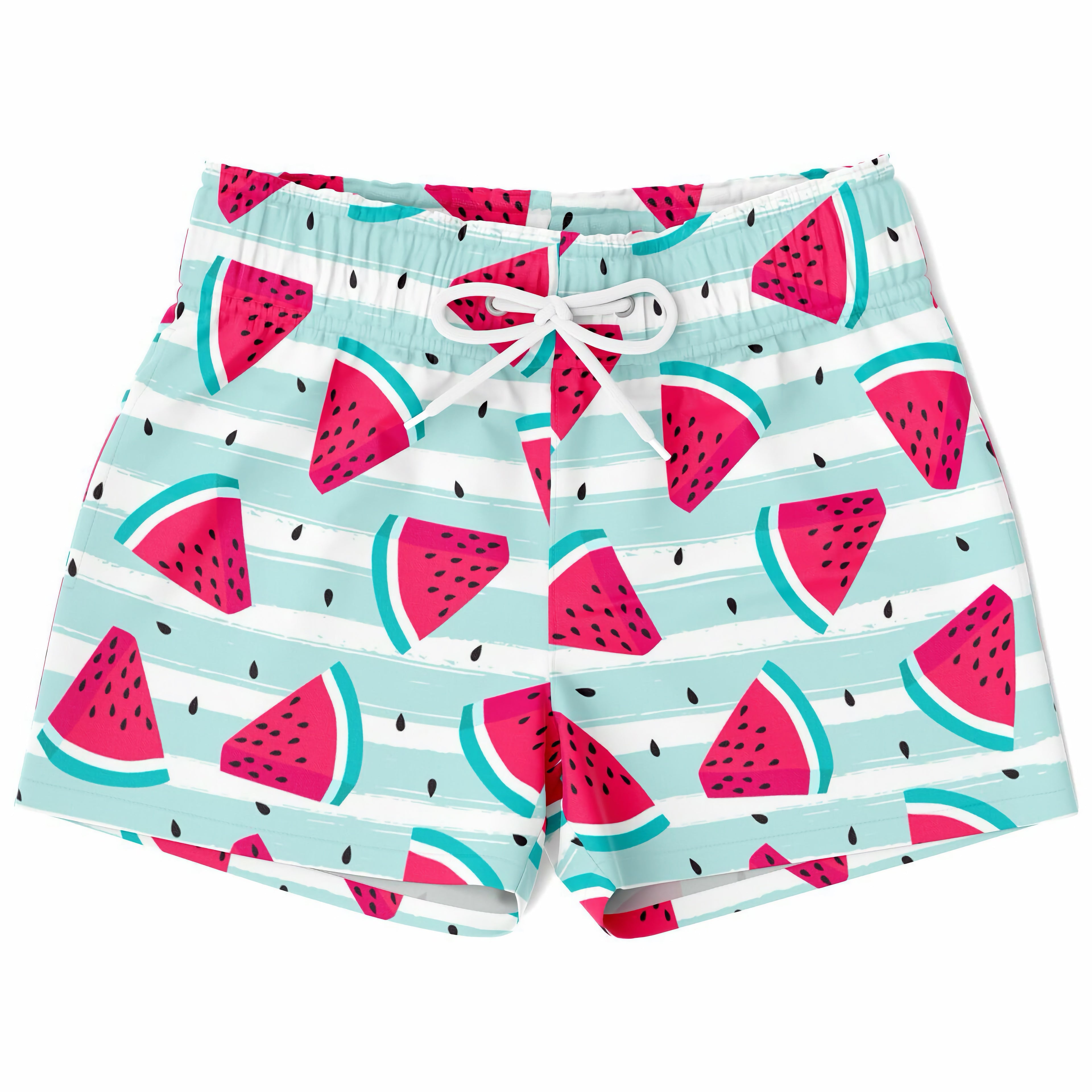 Boys striped watermelon quick drying swim trunks with light blue and white stripes and vibrant pink watermelon print