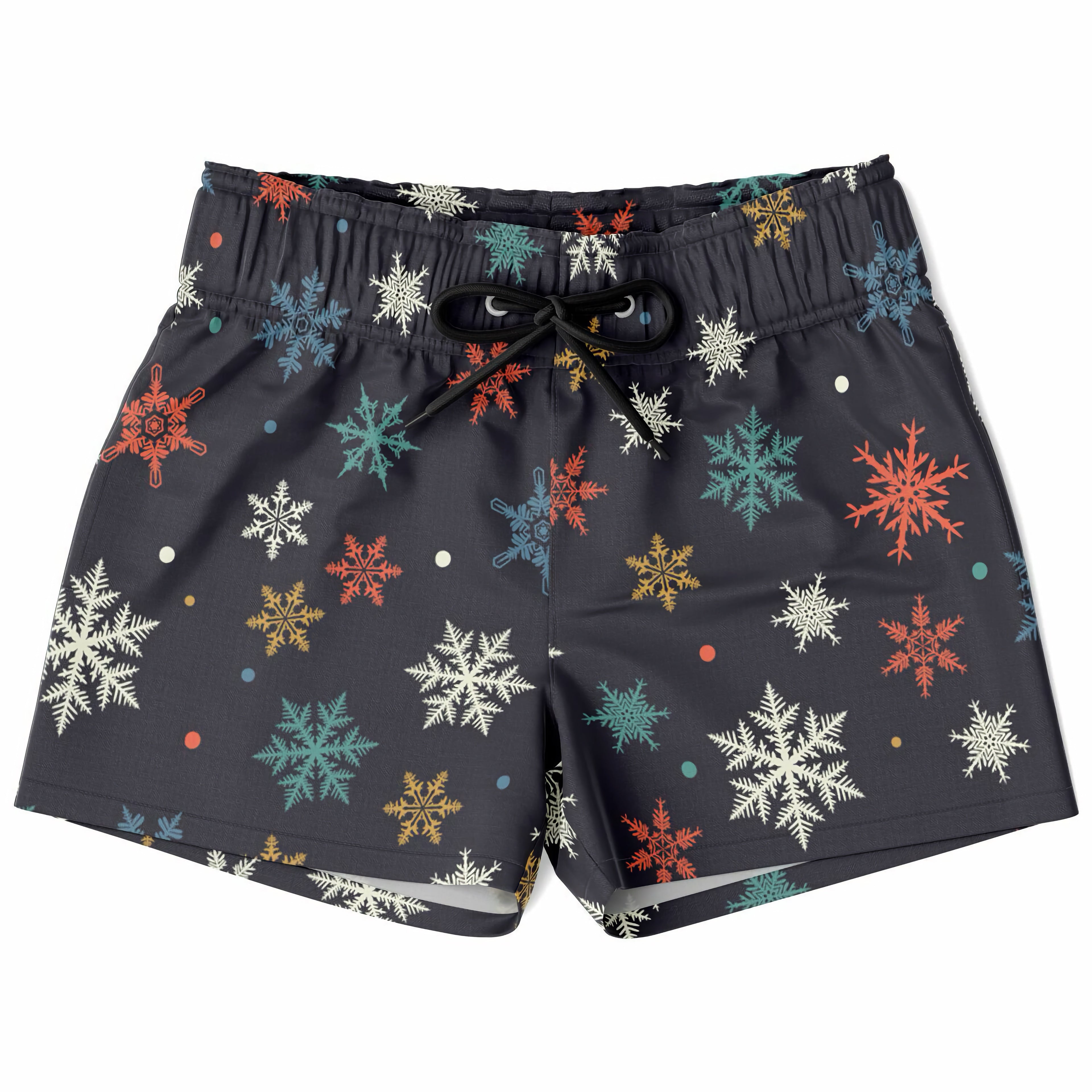 Dark gray boys quick drying swim trunks with vibrant white teal orange and gold snowflake pattern for christmas use