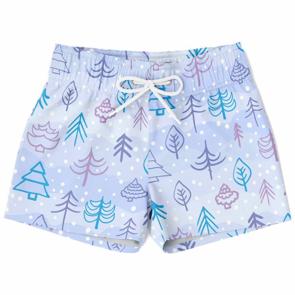 Boys winter snow quick drying swim trunks in light blue with teal purple gray tree and leaf pattern and white polka dots