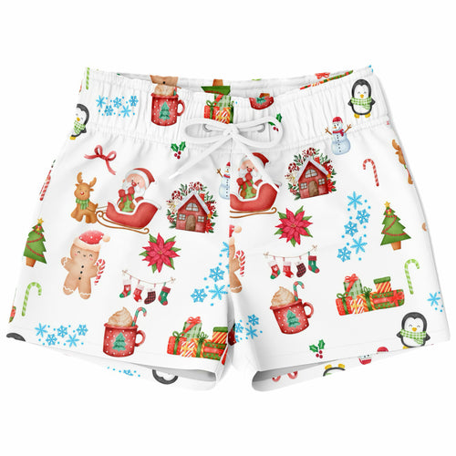 Boys white christmas quick drying swim trunks with festive santa reindeer penguin snowmen and gift illustrations