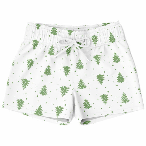 Boys christmas tree quick drying swim trunks in white with green pine tree pattern and small dot details