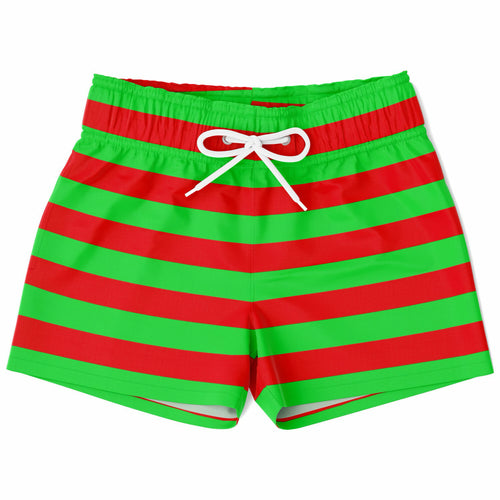 Boys red and green striped Christmas quick drying swim trunks with a white drawstring waistband