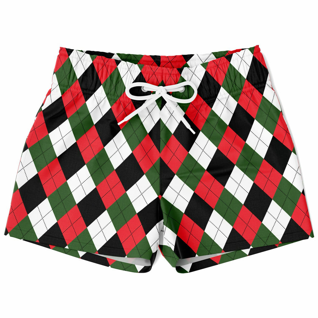 Boys christmas argyle quick drying swim trunks with red green and black pattern and white drawstring waistband