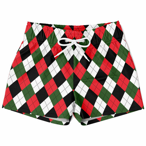 Boys christmas argyle quick drying swim trunks with red green and black pattern and white drawstring waistband