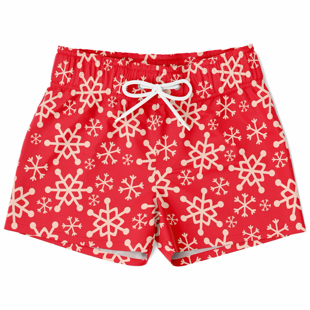 Boys red snowflake Christmas quick drying swim trunks with white pattern and matching drawstring waistband